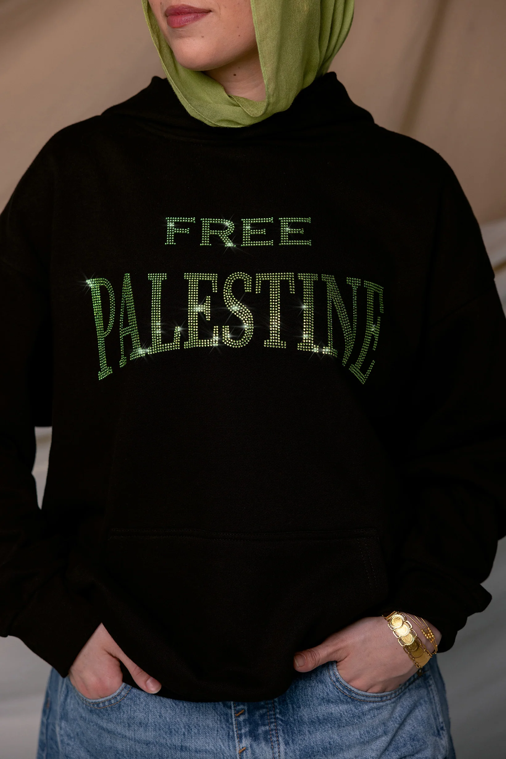 Free Palestine Green Rhinestone Hoodie - Image 4